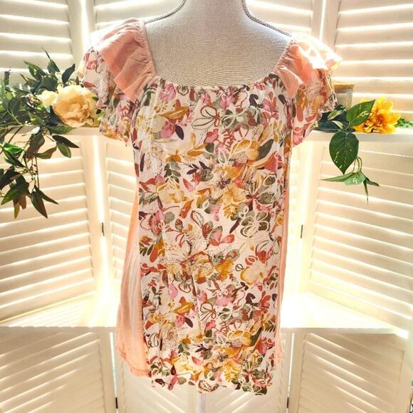 BOUTIQUE NWOT PEACH FLORAL LAYERED CAP SLEEVE BLOUSE MULTIPLE SIZES - Picture 3 of 10